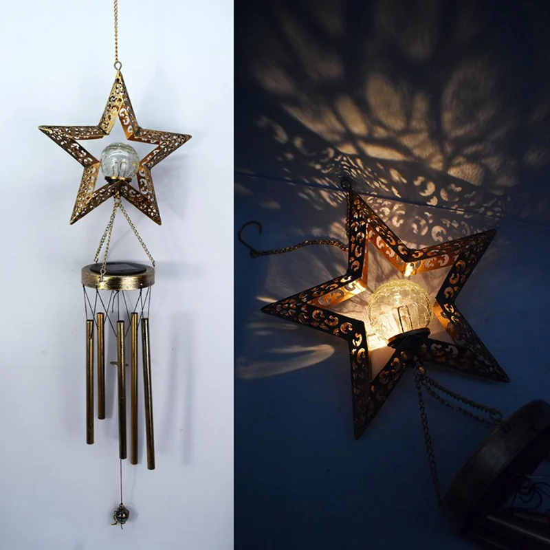 

Solar Wind Chimes Outdoor Hanging Metal Moon Waterproof Wind Chime Lights With Crackle Glass Ball Warm LED Lights Moon Decor