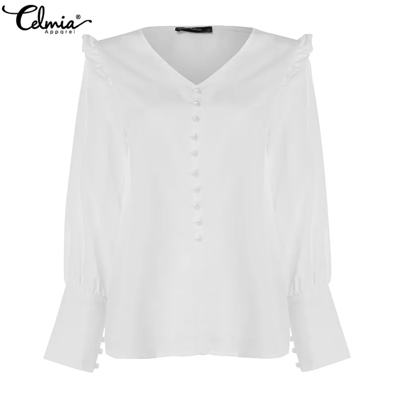 Autumn Women Shirts Blouses Celmia Sexy V Neck Long Sleeve Casual Solid Ruffled Tunic Top Button Plus Size Blusas Femininas