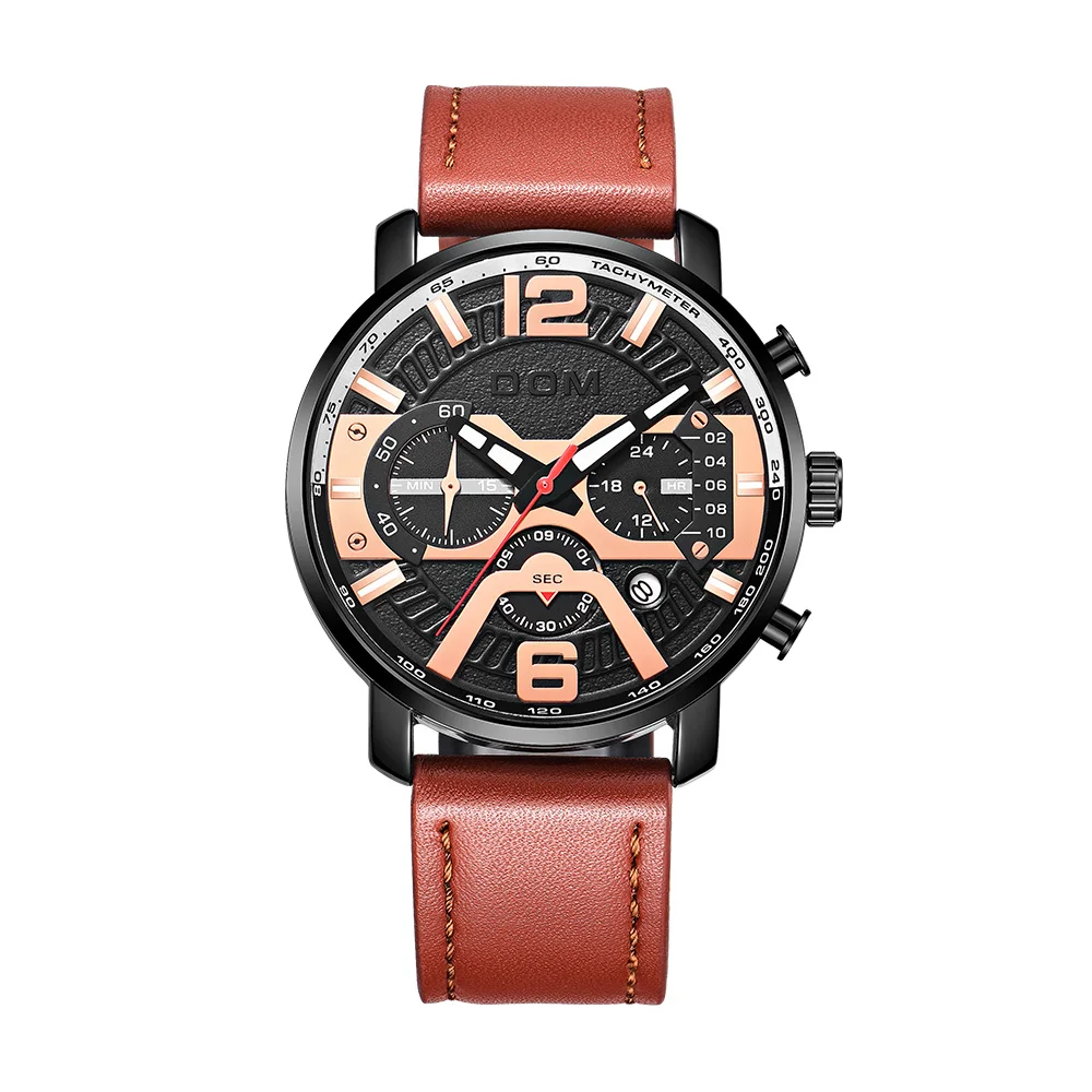 

DOM New Products Men's Multi-Function Quartz Watch Chronograph Waterproof Luminous Watches wristwatch Clock genuine leather 1216