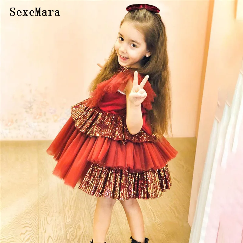 

Kids Glitter Party Dresses Knee Length Sequin Tulle Princess Dress Flower Girl Dresses New Kids Clothes