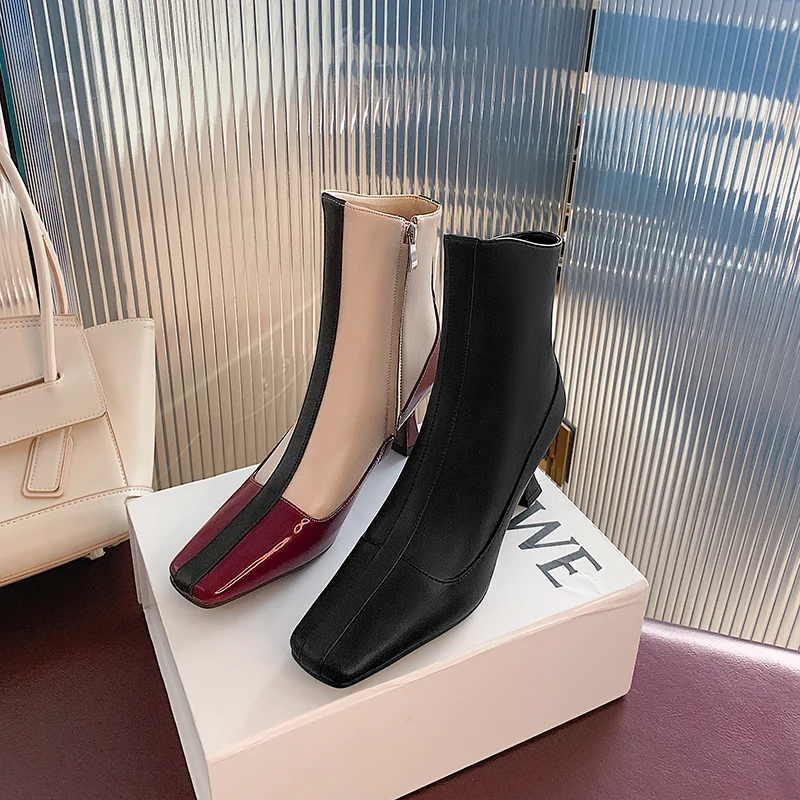 

Women ankle boots Microfiber plus size 22-26.5cm length autumn and winter Square toe shoes woman thin high heel Skinny boots