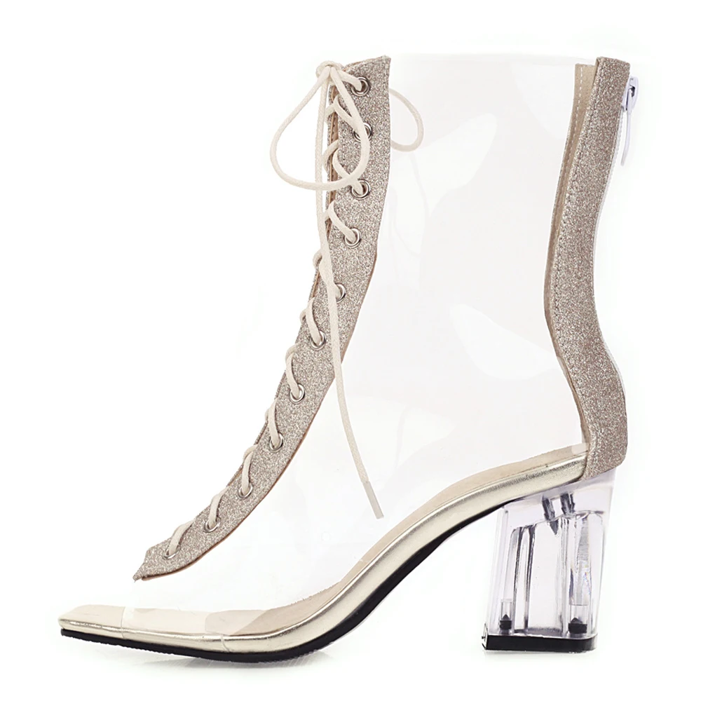 2021 Summer Peep toe Boots Women's shoes Sandals New Sexy Sliver Fashion Chunky heels Ladylike Black Transparent Party shoes