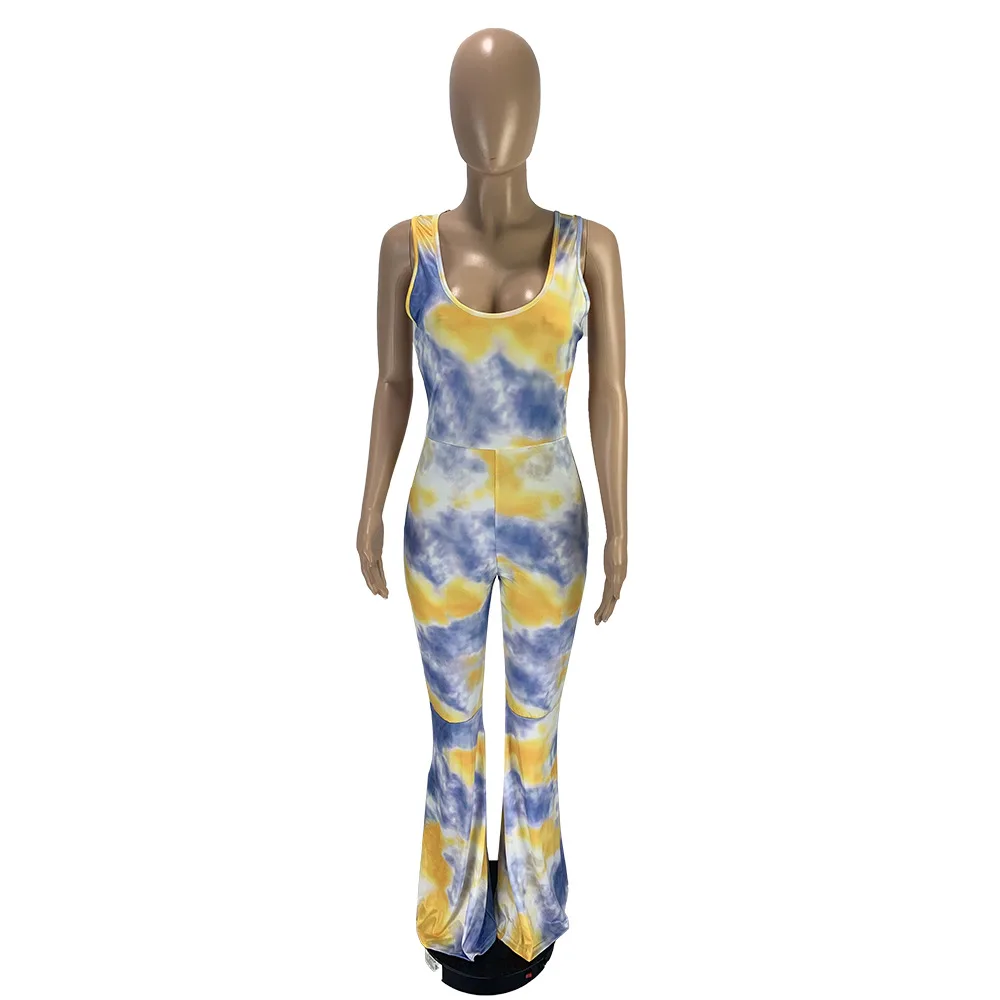

2021 Halter Women Jumpsuits Sleeveless Tie Dye Print Lady Slim Waist Back Lace Up Flare Pants Bodycon Romper High Street Wear