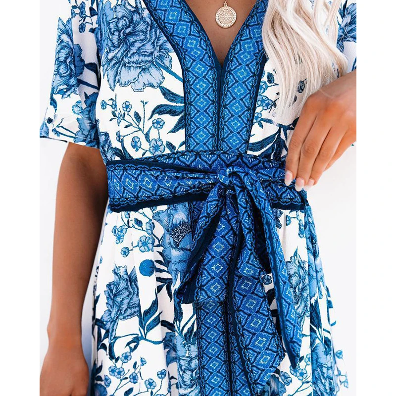 

Elegant Floral Print Beach Dress Women V Neck Short Sleeve High Split Slim Dresses Women Summer Lace-Up Blue Dress Female LD2153