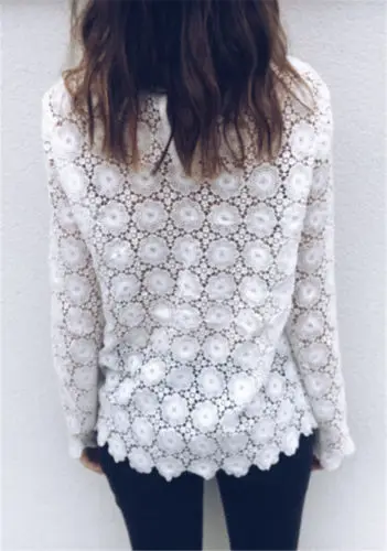 

Hot Women Fashion Blouse Lace Floral Crochet Mesh Sheer Shirts Ladies Summer Loose Casual Jumper Long Sleeve Patchwork Blouses