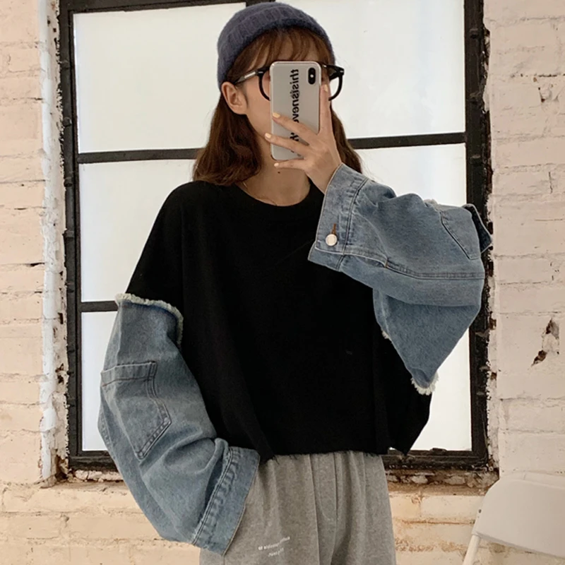 Женские свитшоты корейский шик Ulzzang джинсовая прошивка с круглым вырезом