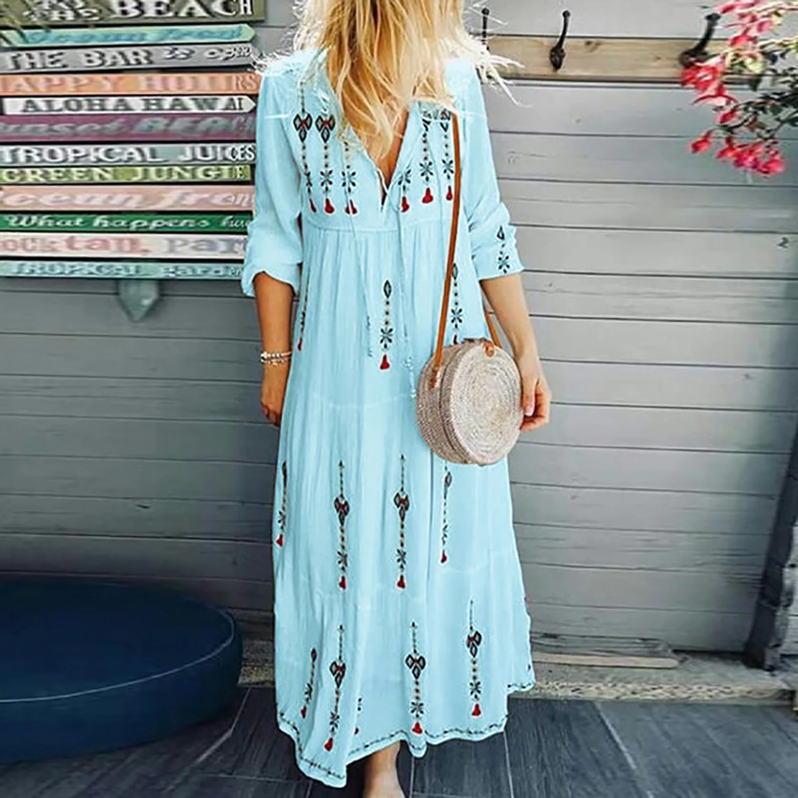 

Винтажные Цветочный принт женское летнее платье 2021 с v-образным вырезом платье трапециевидной формы с длинными рукавами свободные платье ш...