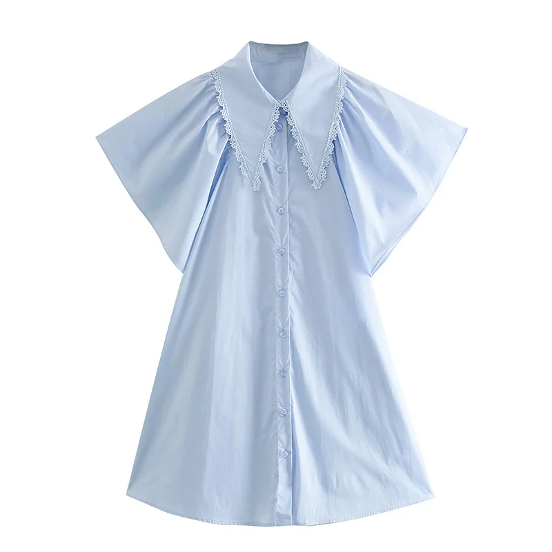 

Женское Хлопковое платье с аппликацией, повседневное свободное мини-платье с воротником «Питер Пэн» и рюшами, с коротким рукавом, на пугови...