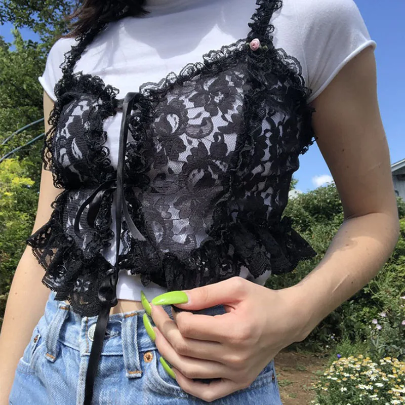 

Black Transparent Lace Crop Top Women Party Clubwear E Girl Ruffles Camis Sexy Bandage Corset Tops Vest Summer Grunge Clothes