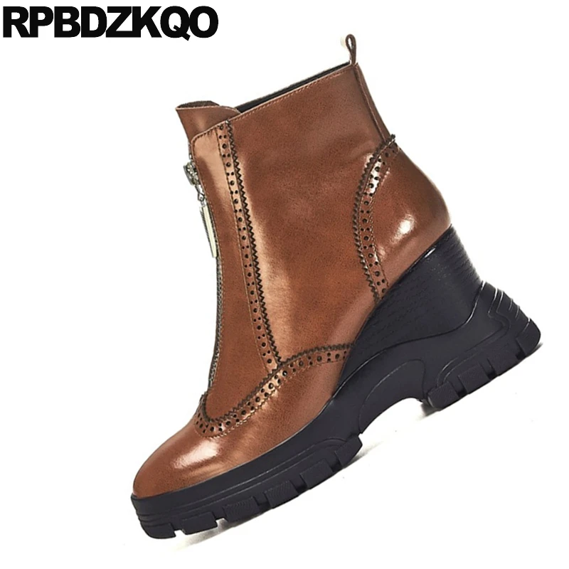 Женские ботильоны на платформе коричневые полусапожки высоком каблуке с круглым