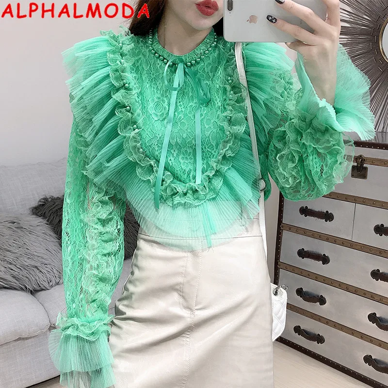 ALPHALMODA 2019 зимние женские милые кружевные блузки с бусинами воротник жемчугом