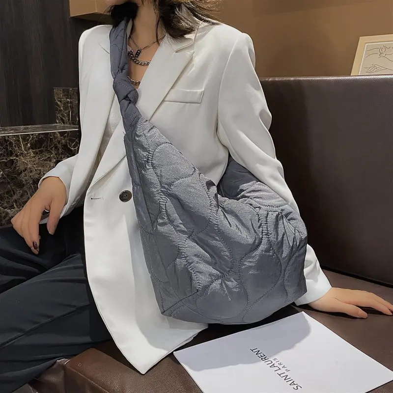 

2021 Winter New Women Shoulder Bags Down Feather Padded Big Crossbody Hobo Bag Cotton Leather Female Large Capacity Shopper Tote