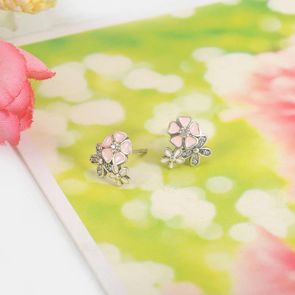 DEVOLOVE Мода 100% 925 стерлинговые серебряные серьги розовые ромашки вишня цветок