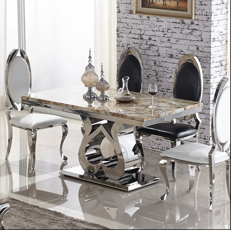 

Fashionable stainless steel marble dining table simple modern dining table small apartment rectangular dining table for 6 people