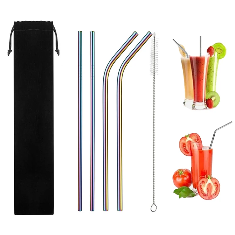 

1set Reusable Metal Drinking Straws 304 Stainless Steel Straw Sturdy Bent Straight Straw with Cleaning Brush Bar Party Accessory