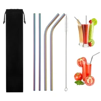 1set reusable metal drinking straws 304 stainless steel straw sturdy bent straight straw with cleaning brush bar party accessory