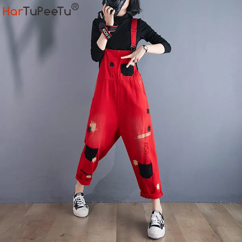 Embroidery Ripped Denim Jumpsuit Women Autumn 2021 Loose Baggy Casual Red Black Jeans Vintage Colours Block Bib Pants Overalls