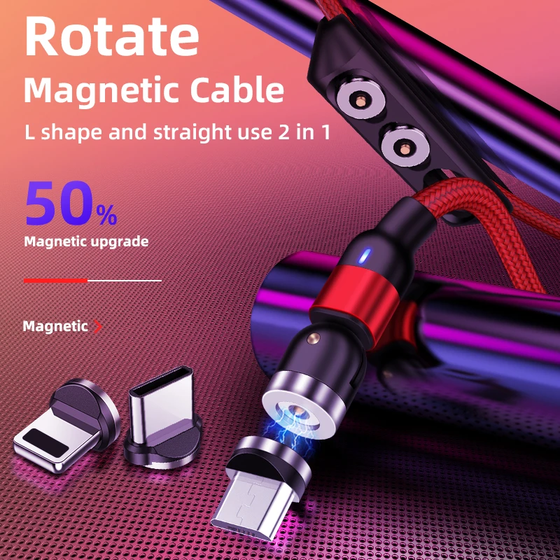 Магнитный зарядный кабель 540 градусов Micro USB Тип C для быстрой зарядки iPhone Samsung Android