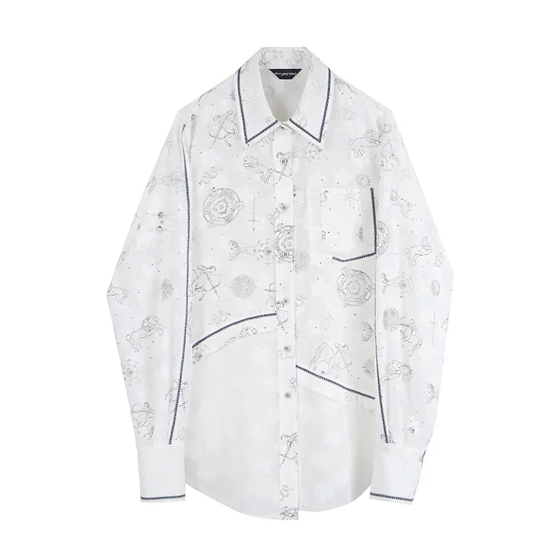 

SuperAen 2021 New Spring Dress Women's New Design Irregular Printed Shirt Korean Streetwear Loose Thin Shirt Girls