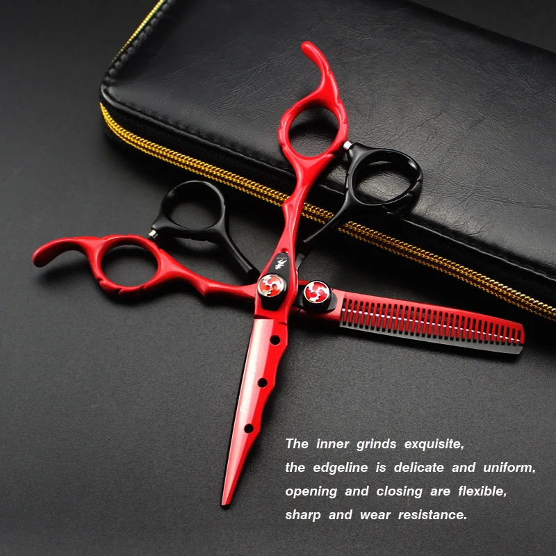 6 inch Cutting Thinning Styling Tool Hair Scissors black &amp red Japan 440c Salon Hairdressing Shears Regular Flat Teeth Blades | Красота и