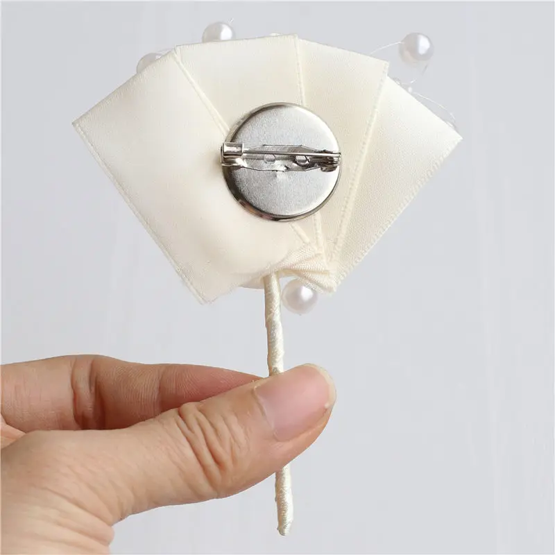 European Wedding Groom Boutonniere Pearl Corsage Customizable Ivory Ribbon Rose Ceremony Flower Man Suit Lapel Pin Brooch X994-J | Свадьбы и