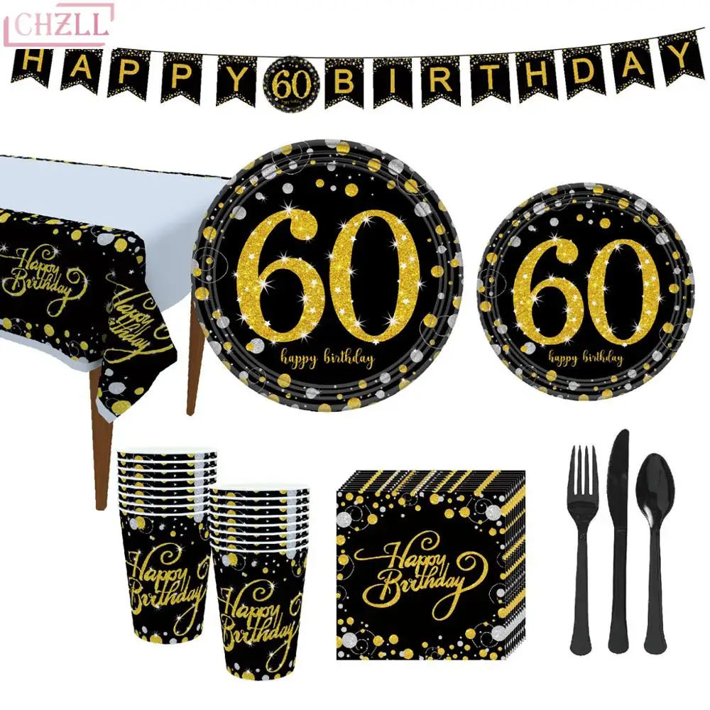 

CHZLL Black Gold 60th Disposable Tableware Towel Plates Tablecover Cups Disposable Party Tableware 60 Birthday Party Supplies