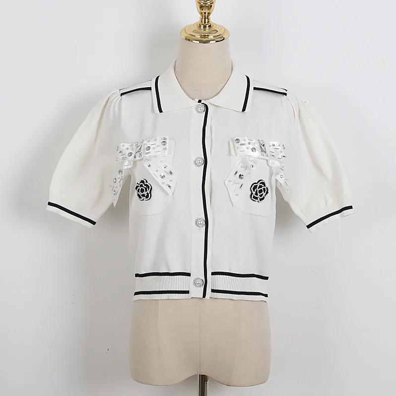 

Lapel 5 minutes of sleeve cardigan ice silk in the summer of 2021 new single-breasted bowknot camellia brief paragraph polo