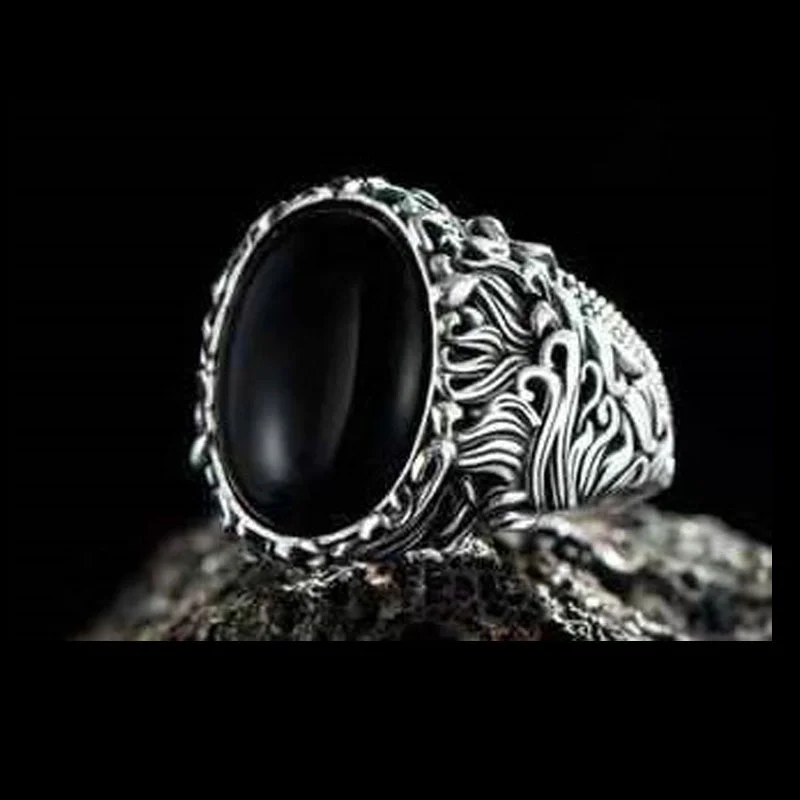 

Black gem men's ring European and American retro carved domineering oval annotation ring punk ring