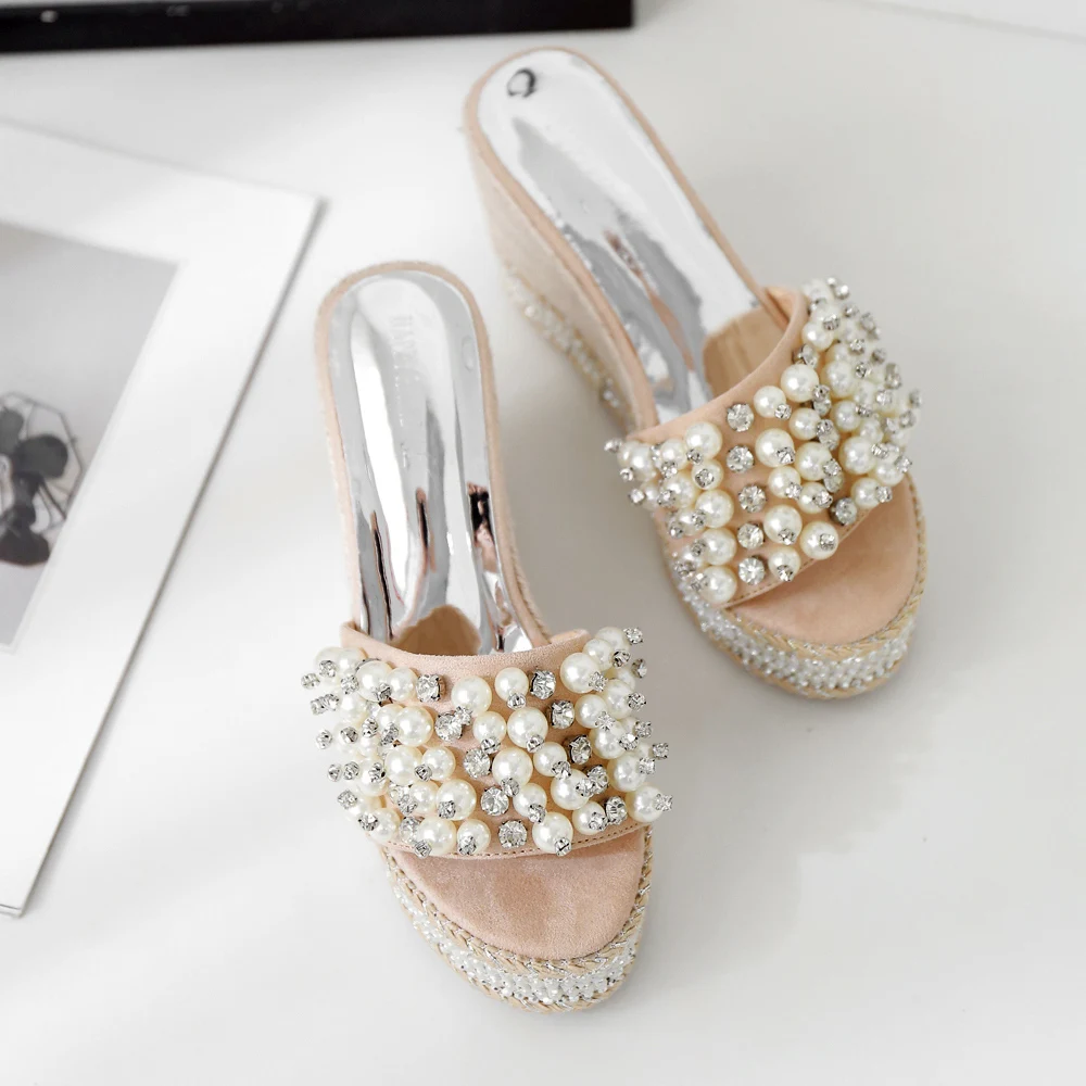 2020 летние женские босоножки на танкетке с кристаллами плетеные высоком каблуке 10