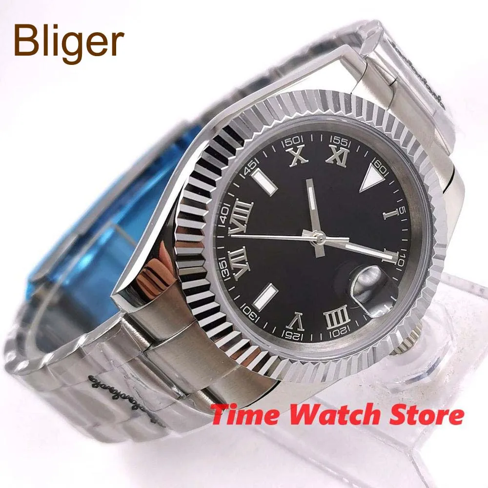 

bliger 40mm Miyota 8215 Automatic watch men silver waterproof date indicator black strile dial sapphire glass steel Bezel b321O