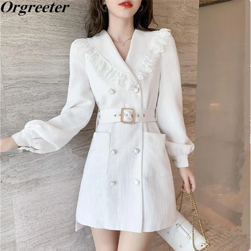Temperament OL Short White Tweed Dress 2020 Autumn New Lace Trim Notched Double breasted Lantern Sleeve Blazer Dresses Women | Женская