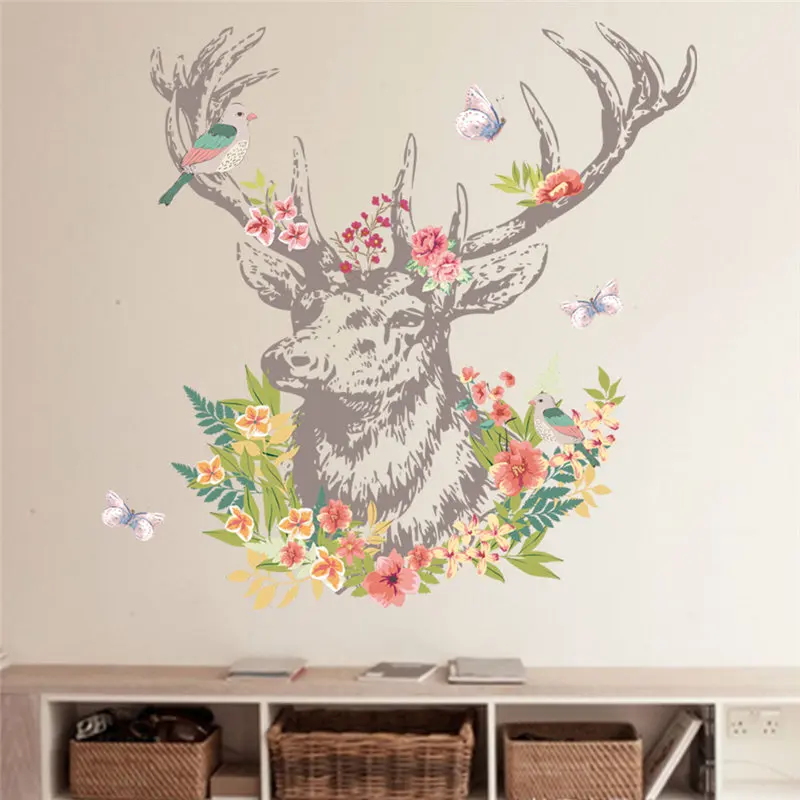 

Креативные 3d наклейки на стену с оленем и цветами для магазина, гостиной, спальни, домашний декор, настенные наклейки с животными