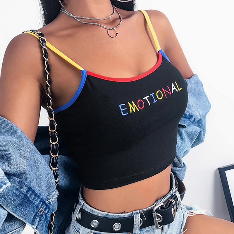 

Sexy EMOTIONAL Letter Embroidery Tops Summer Women Sexy Sleevelsess Shirts Cropped Ladies Spaghetti Strap Elastic Blouse