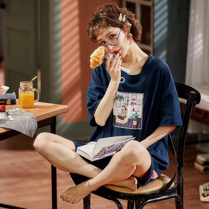 Пуловер с круглым вырезом и коротким рукавом Повседневная летняя одежда для сна