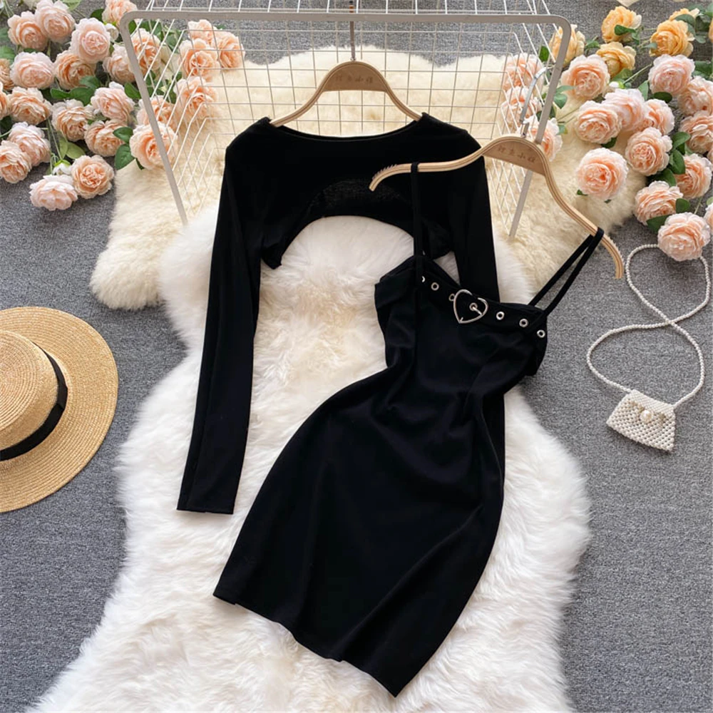 

Gothic Y2K Sexy Girl Black Dress Suit Fashion Streetwear Women Sling Mini Dresses Tops Two Piece Sets Outfits Female Clothing