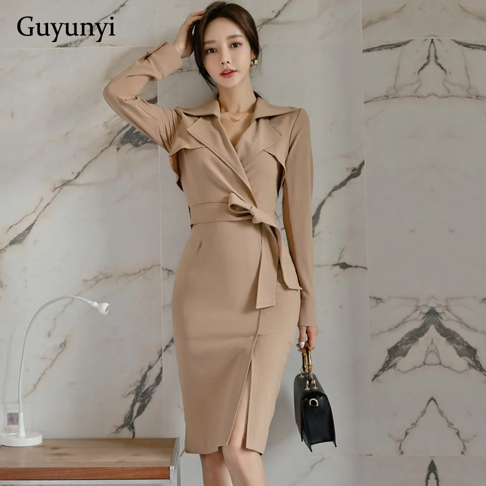 

Khaki Office Lady Dress 2022 Spring Winter Warm High Waist Slim Long Sleeve Simple Suit Collar Women's Party Dresses