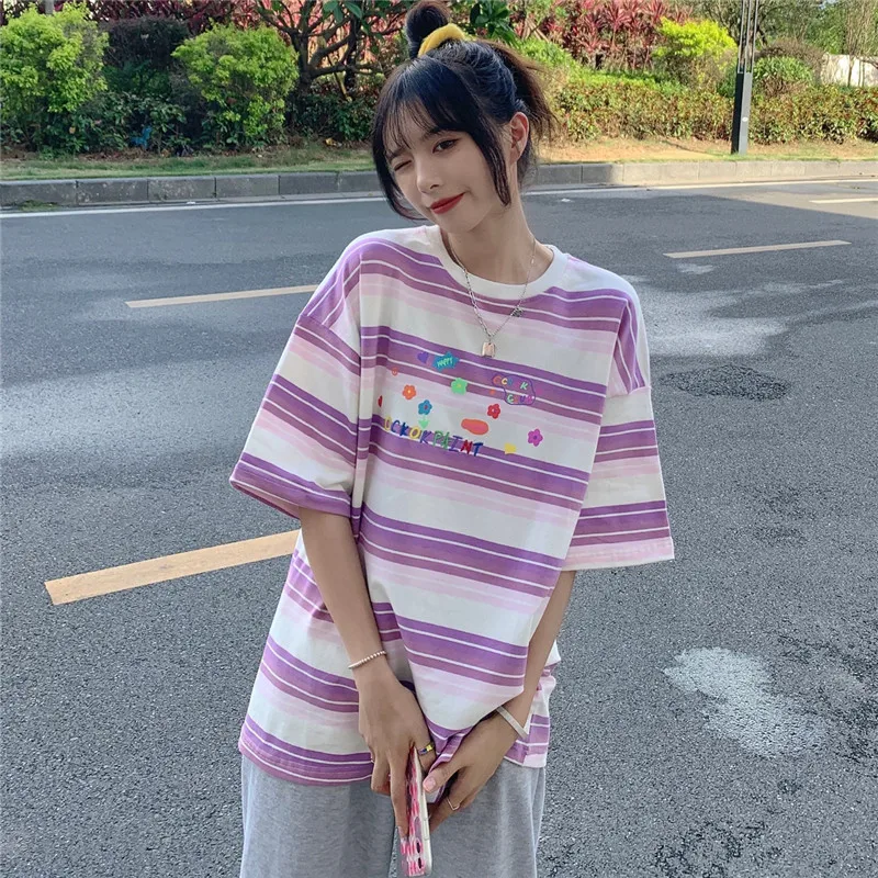 

Vintage Rainbow Striped Short Sleeve T-shirt Women Sweet Girls Top Loose Korean Ins Streetwear Hiphop Half-sleeved T Shirts