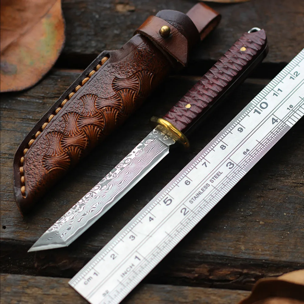 Лезвие из дамасской стали японский нож 60HRC ручка черного дерева Танто