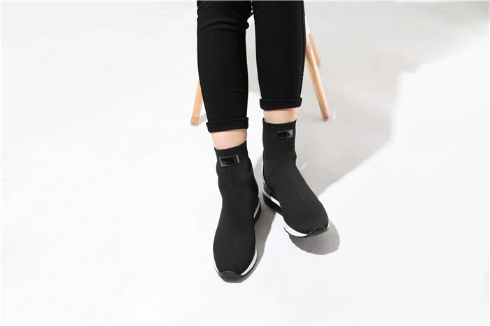 New Knitted Shoes Women High Top Women's Sock Sneakers Spring Women Knit Breathable Shoes Female Platform 6CM