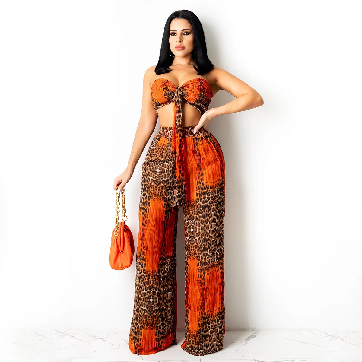 

Two-piece Trousers Suit African Clothing Dashiki New Fashion Leopard Print Women's Wrapped Chest Top + Wide-leg Pants Suit 2021
