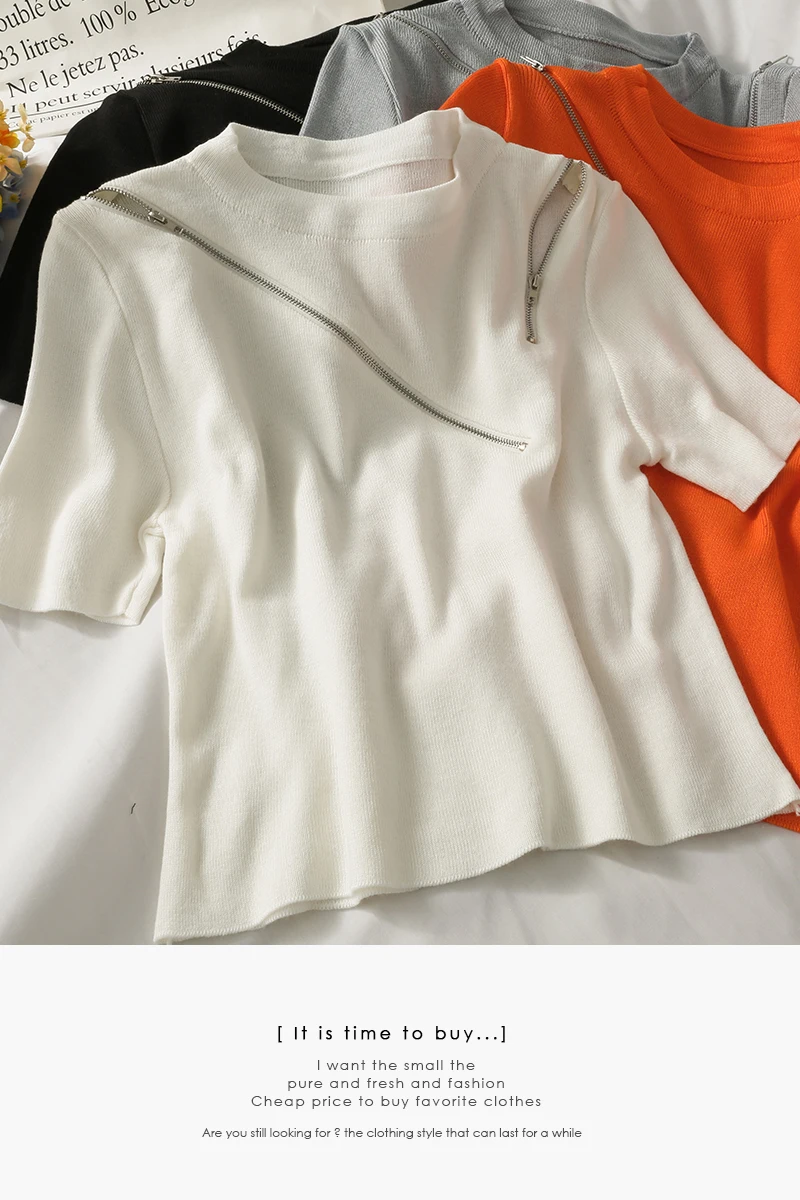 

Summer O Neck Patchwork Short Sleeve T Shirt Ladies All-match Sweater Zipper Knitted Cardigan 2021 Chic Solid Color Top Women