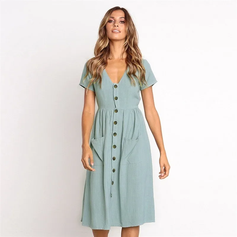 

Woman Summer Dress 2021 Hot Selling Popular Fashion V-neck Button All-match Pocket Short-Sleeved Dresses Vestidoes ONY0864