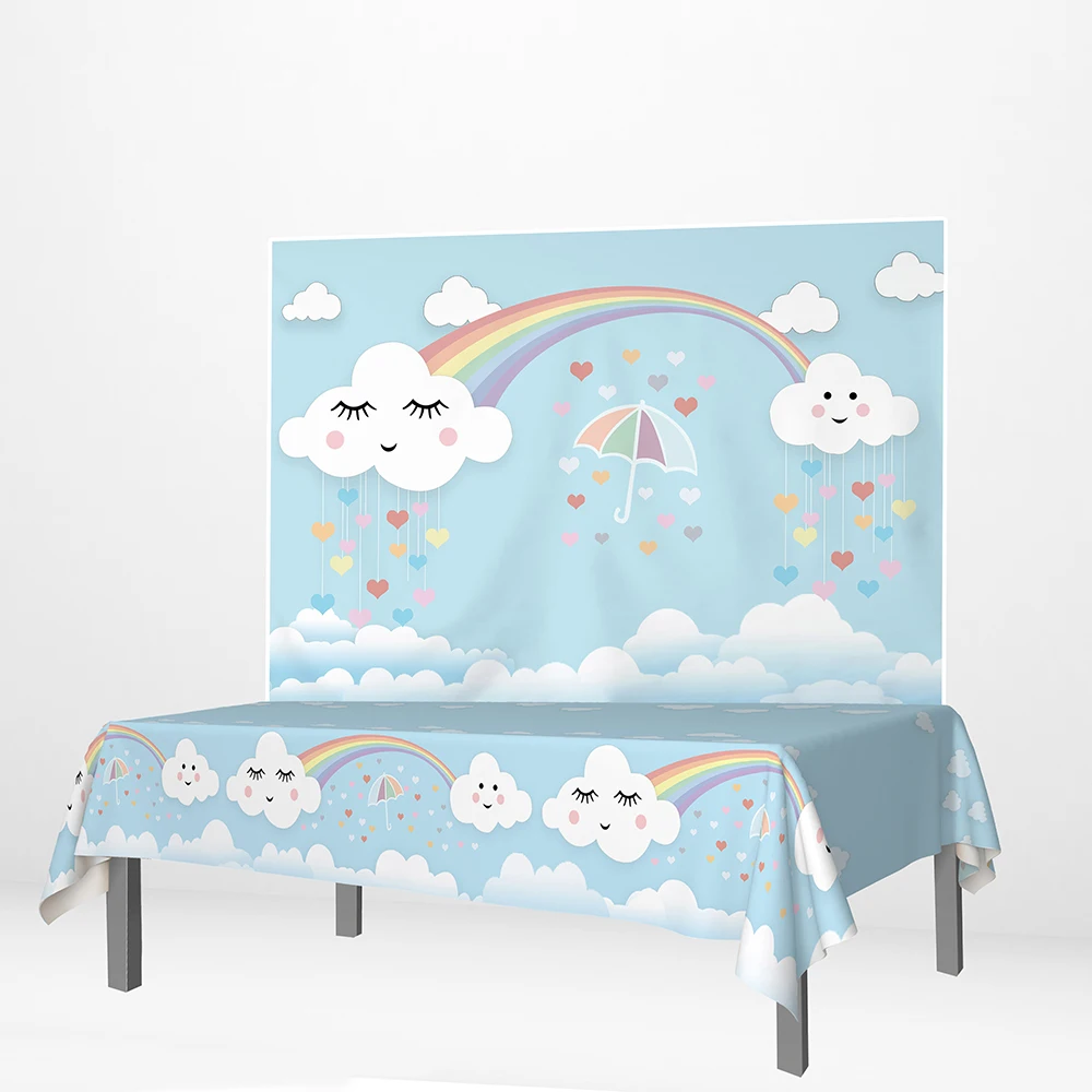 

Allenjoy Blue Sky Table Cover Cloud Step And Repeat Heart Rainbow Child Birthday Party Backdrop Cloth DIY Baby Shower Wall Decor