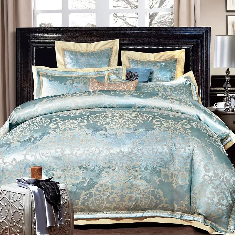 

Комплект постельного белья из 45 предметов, Королевский Комплект постельного белья синего и золотого цвета, сатин, европейский стиль, пододе...