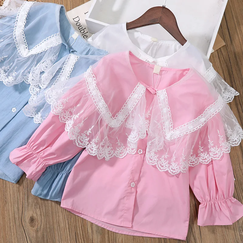 

Kids Lace Blouses Long Sleeves Little Girls Shirts Turn-down Solid Blouses White Long Sleeve Children's Clothing for 2-8 Years