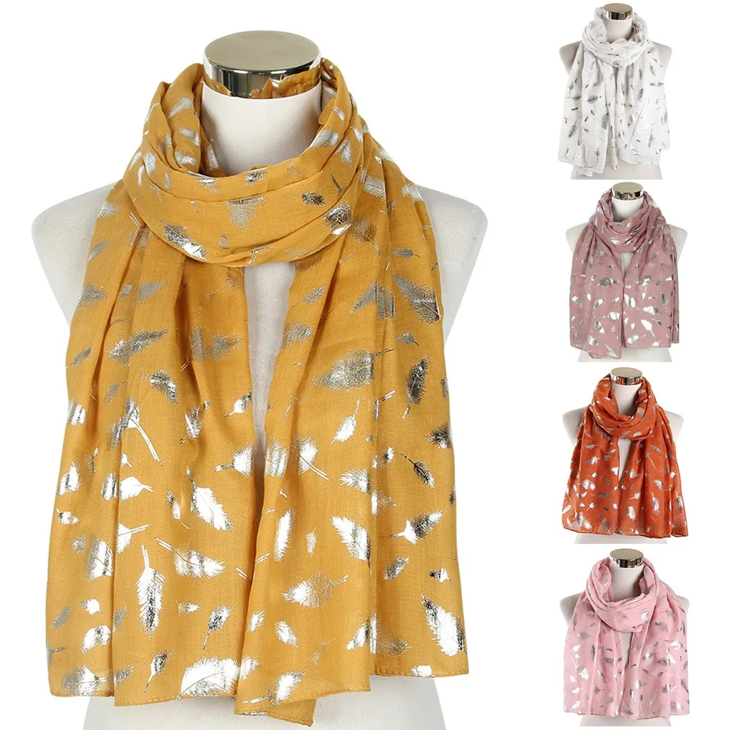 Женский модный шарф из фольги с принтом в виде перьев шелковый дорожные шарфы