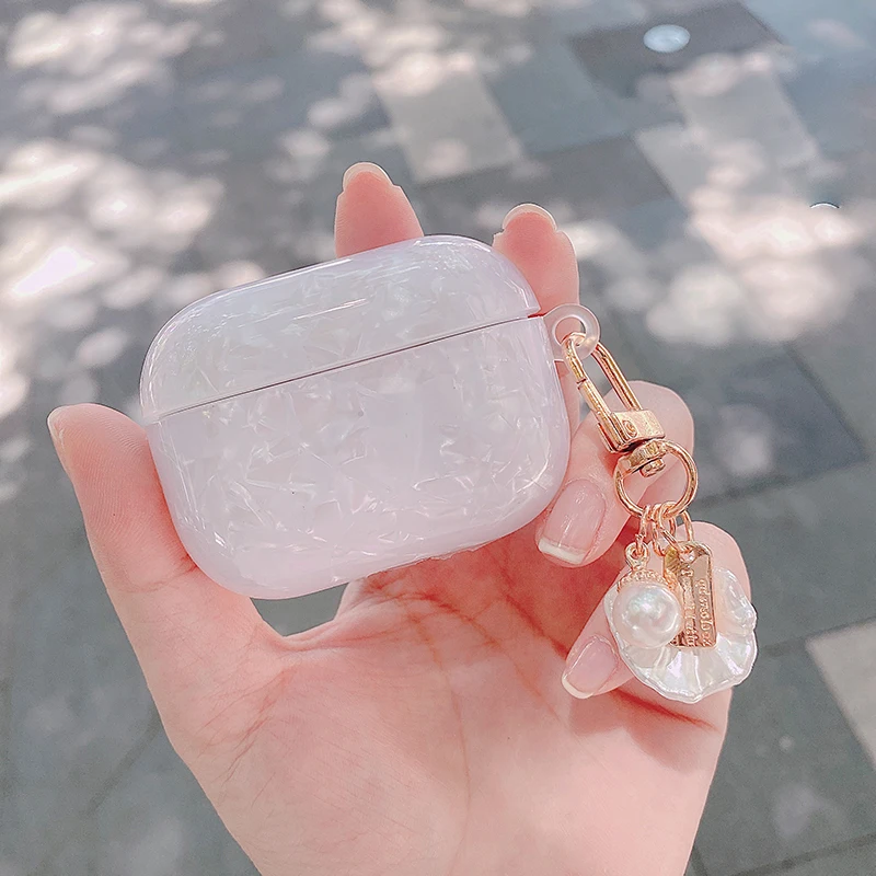 

Luxury Glossy Shell Pattern Headset For Apple Airpods1/2/ Pro Case Bluetooth Case Box Cover Cute Pearl Bracelet Keyring