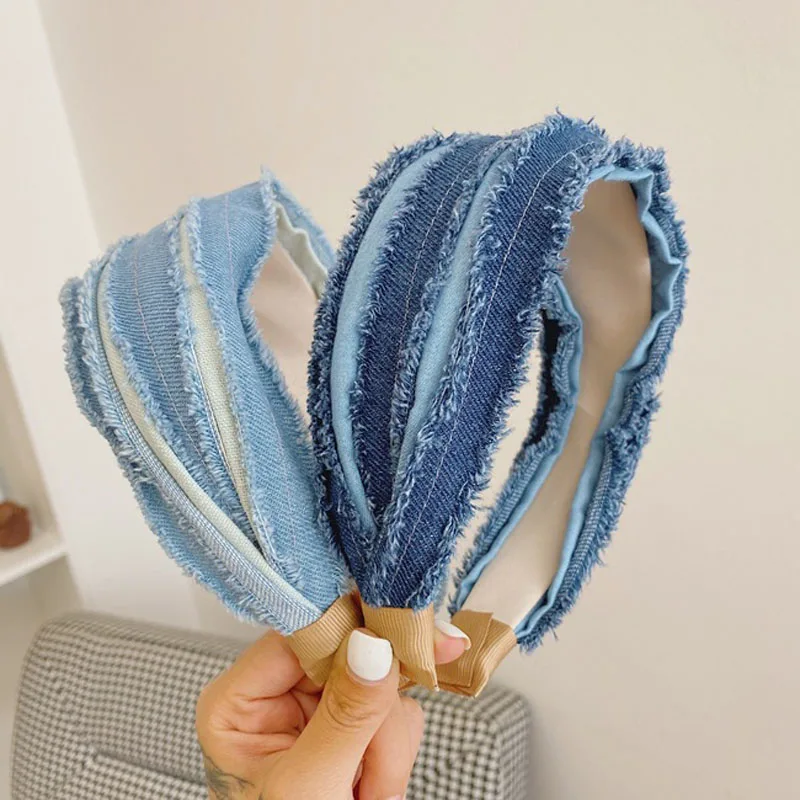 

Wide Edge Denim Jeans Hairband Pleated Braid Headband for Female Blue Hair Bezel Turban Hair Accessories Wash Face Hair Hoop