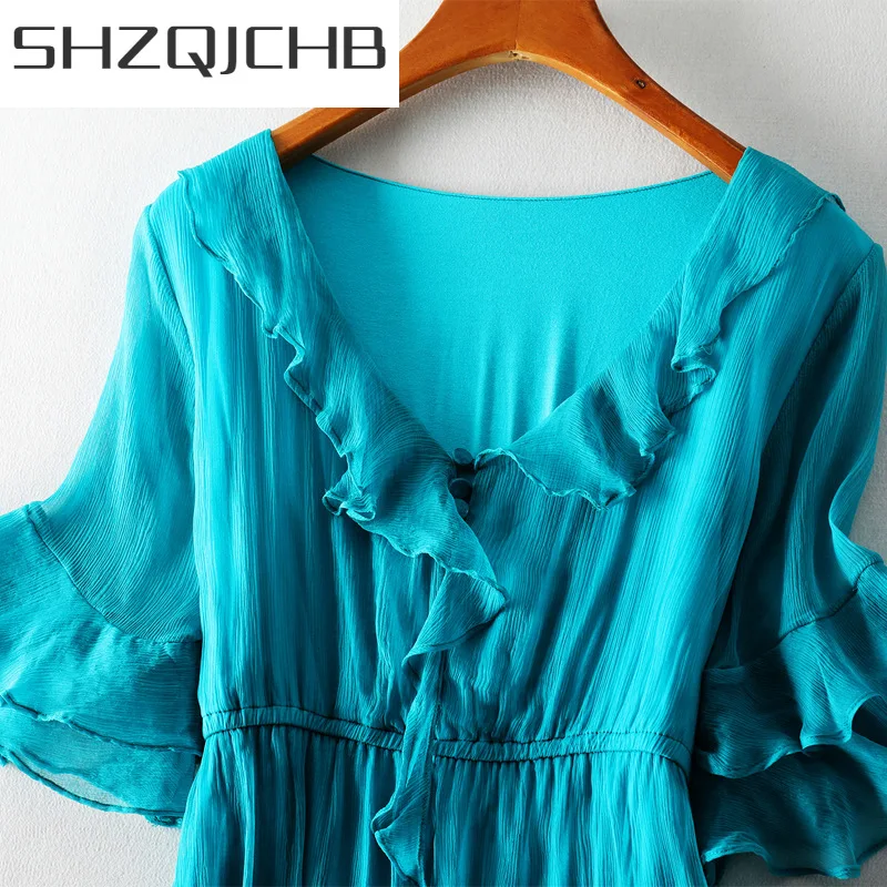

SHZQ Summer Dress 100% Real Silk Dress Women Clothes 2021 Boho Ruffles Maxi Dresses Vinatge Elegant Ladies Vneck Vestido 98005