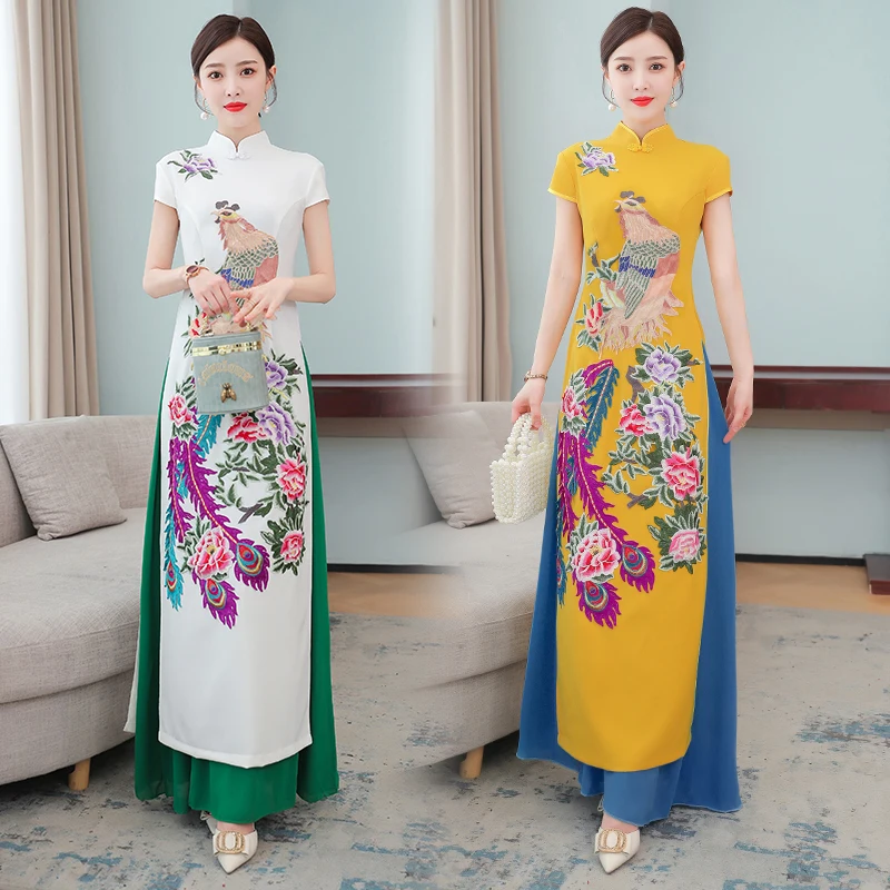 

Vestidos Summer 2021 New Chinese Style Cheongsam Sleeveless Chiffon Embroidery Stand Neck Sky Blue Yellow White Dresses Traf